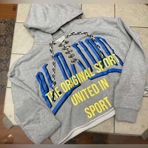P.E Nation Gray Cropped Hoodie with yellow and blue letters